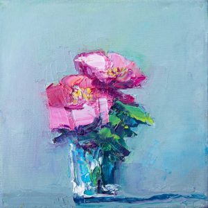 Peonies in a Blue Glass Vase